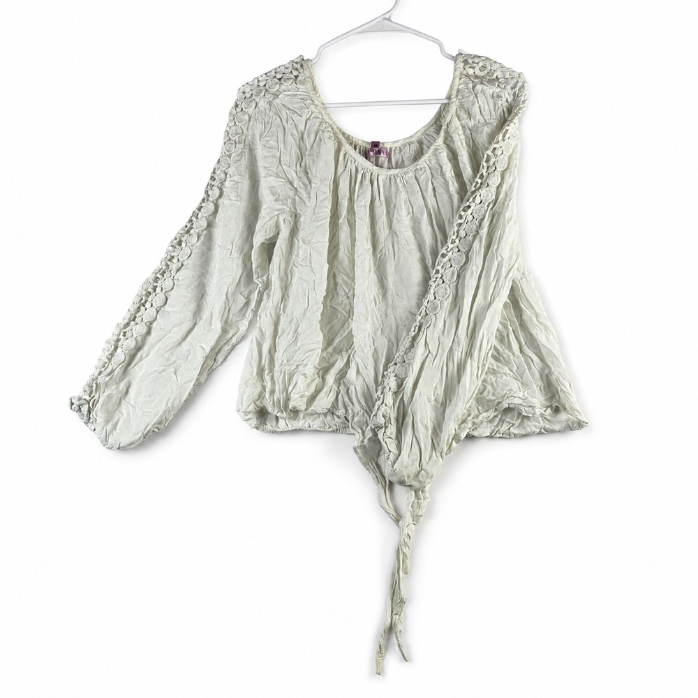 Mimi Women's Medium Ivory Boho Crochet Sleeve Tie Front Blouse